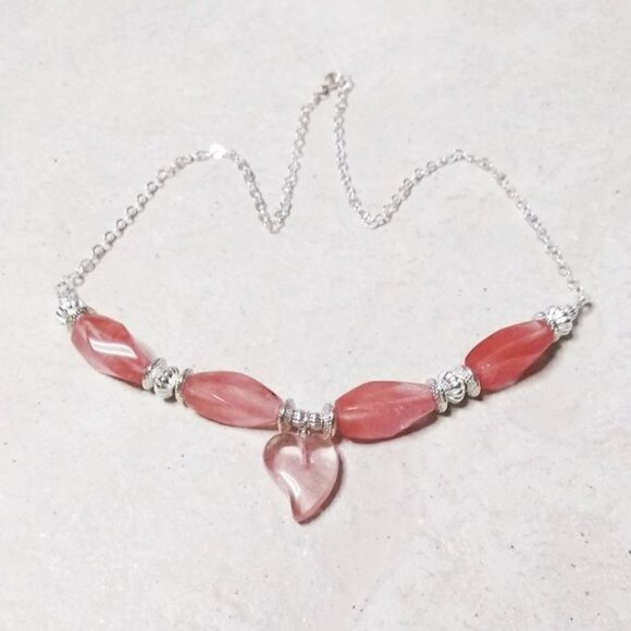 Lovely Salmon Pink Color + Silver! Sexy Cherry Quartz Heart Choker Necklace 19" - Picture 1 of 8